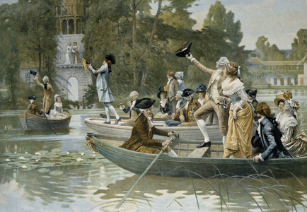 Serenade au Peer Trianon, illustration of a serenade in tribute to Queen Marie Antoinette, before 1789 (engraving)