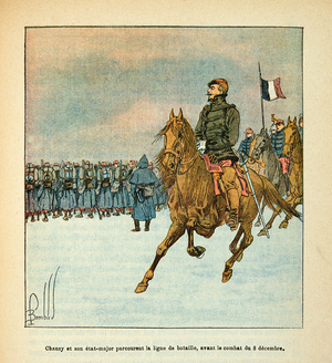 The Armee of the Loire, General Chanzy and his staff travel the battle line before the fighting of 8 December 1870 (engraving)