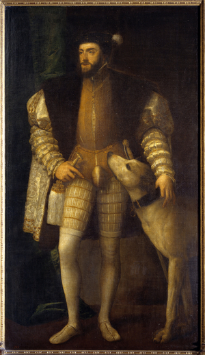 Portrait of Emperor Charles V (1500-1558) aged 35 with his dog Sampere, 1532 (oil on canvas)