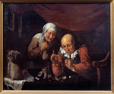 The greedy couple of old men weighing their possessions, 17th century (oil on canvas)