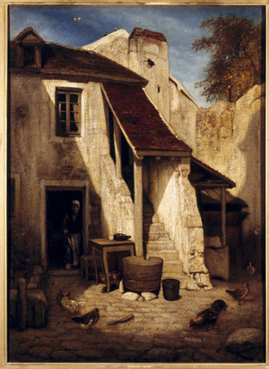 Interior of rustic courtyard in Fontainebleau, 19th century (painting)