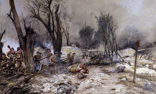Battle of Saint Pierre de l'Aigle (Saint Pierre-Aigle) in the Aisne, offensive of July 1918 (oil on canvas)