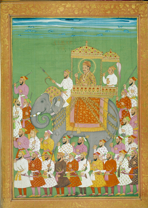 Sultan Akbar rides on an elephant with the court of Shah Alem, 16th century (miniature)