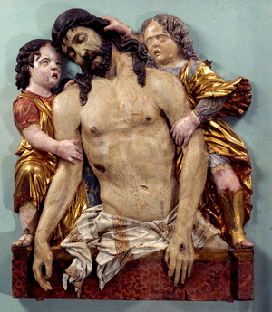Christ carries by two angels. Pieta, 15th century (wood)