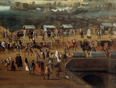 Porter chairs and crowd on the Pont Neuf in Paris in the 17th century, Detail, (oil on canvas)
