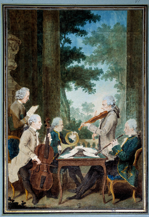 Gentlemen Duport, Vachon, Rodolphe, Provers and Vernier Portrait of a group of musicians during a concert., 18th century (watercolour)