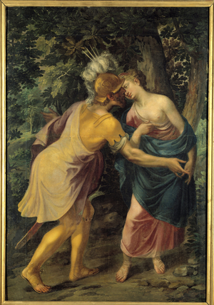 Farewell of a warrior to a queen or "Hyanthe greeted by Francus" or "Tancrede and Herminie", 16th century (oil on canvas)