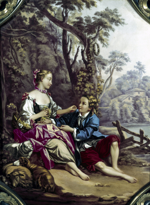 The grape cluster Secretaire tightens jewels: detail of paintings of porcelain plates of sevres representing a scene of badinage, c. 1859 (painting)