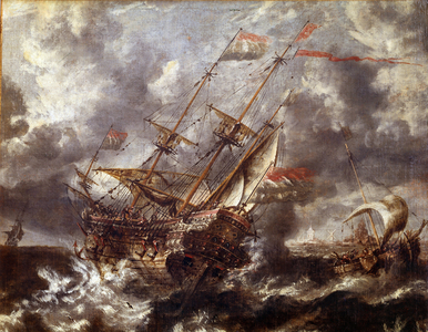 Dutch boat without the storm, 17th century (oil on canvas)