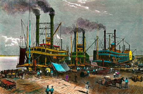 Loading cotton on steam boats on Mississippi for New Orleans, 19th century (engraving)