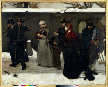 The so-called vagrancy also says the hunters of Vincennes National guards stop families on the street (oil on canvas)