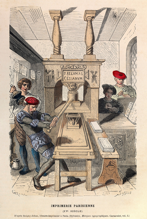 A printing press in Paris in the 15th century (engraving)