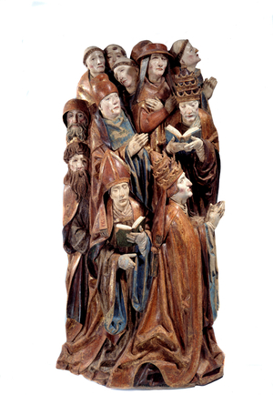 Two popes, cardinal, eveque, canon, seven monks in prayer, Virgin of Misericord, 1505 (wood)