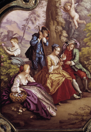La lecon de flute secretaire squeezes jewels: detail of paintings of porcelain plates of sevres representing a flute player teaching music to a young woman, c.1859 (oil on canvas)