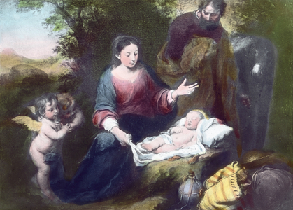 The Sleeping Christ Child with Angels, Mary and Joseph. Painting (undated) by Spanish Baroque painter Bartolome Esteban Murillo (1617 - 1682). Image date: circa 1900. Carl Simon Archive