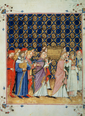 The transport of the Holy Ark of the Covenant to Jerusalem, followed by David, 1385-90 (miniature)