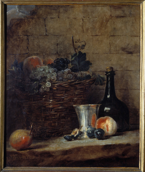 Basket of white and black grapes, silver cup and bottle, 18th century (oil on canvas)