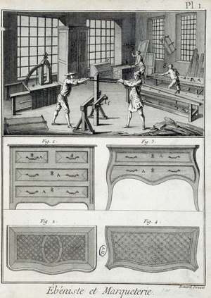 Plate of metiers: ebenist and inlay. Engraving in "The Encyclopedie of Diderot et d'Alembert", 18th century (engraving)
