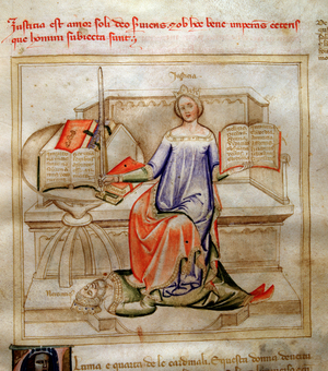 Allegorie de la Justice in "Chansonne des sept Vertus et des sept Arts liberales destinee a Bruzio Visconti", 1349 (watercolour)