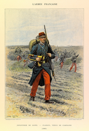 Types and Uniforms of the French Army: Line Infantry; Clairon in Field Dress in 1885 (litho)