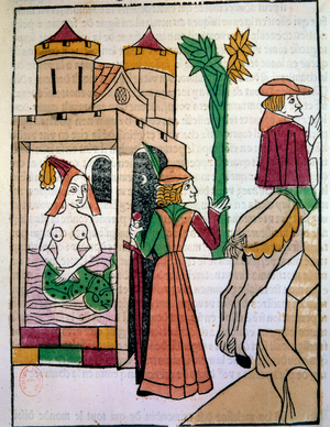 Raimondin spying on his wife Melusine in the bath. Hand-illuminated wood engraving in "Histoire de Melusine", 1478 (engraving)