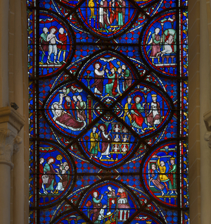 Cathedral of Chartres: detail of the life of saint thomas, 13th century (stained glass)