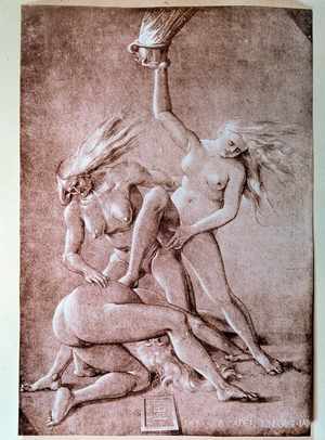 Three witches, 15th century (drawing)