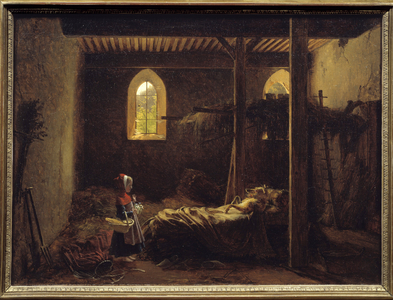 Little Red Riding Hood Illustration of Charles Perrault's tale, Little Red Riding Hood in front of the wolf disguise as a grandmother, 19th century (oil on canvas)