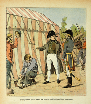 "The Memorial of Saint Helene": The Emperor Napoleon is talking with the sailors who set up a tent for him (lithograph)