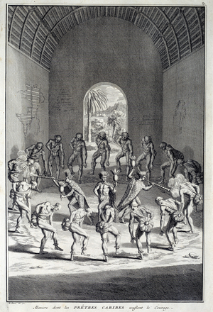 Traditional dance: Rites in the karibs dance of courage, West Indies, 18th century (engraving)