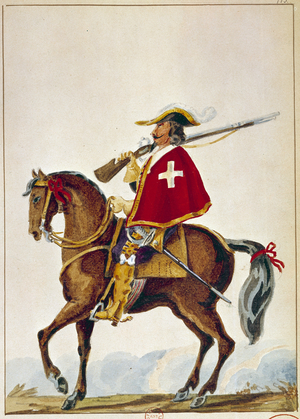 French Armee: De Valmont, musketeer of the guard of Cardinal Richelieu, 17th century (engraving)