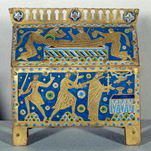 Object of art: Casket of the assassination by Saint Thomas Becket (1118-1170), archbishop of Canterbury, c.1220 (enamel, gold and copper)
