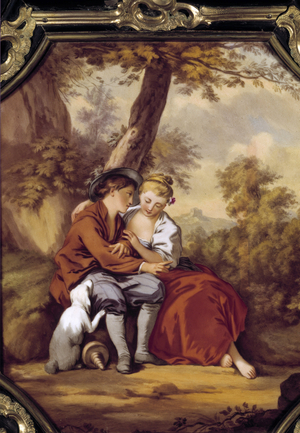 Bucolic scene with two shepherds whispering in the ear, c.1859 (oil on canvas)