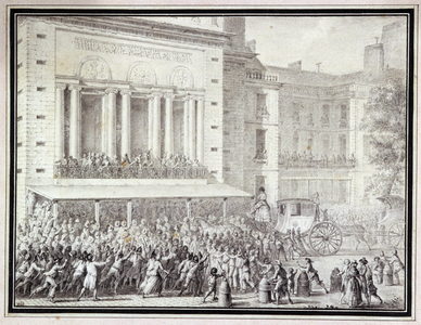 The people closing the doors of the Opera: July 12, 1789 View of the Opera before the Revolution (ink, wash and mine on paper)