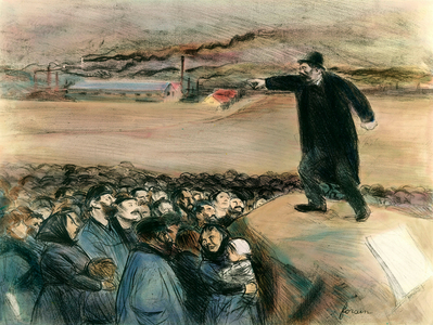 An agitator in front of the workers A leader of the workers' movement claiming in a speech the rights of workers, 20th century (drawing)