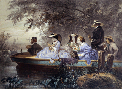 A Sunday with the family, fishing in the river, 19th century (litho)