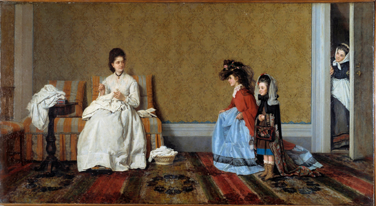 Little girls playing big ladies Two sisters disguises from their mother's clothes, 1872 (oil on canvas)