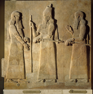 Oriental Antiquities: detail of an albaster relief representing Sargon II giving orders to a senior official, 722-705 BC (bas-relief)