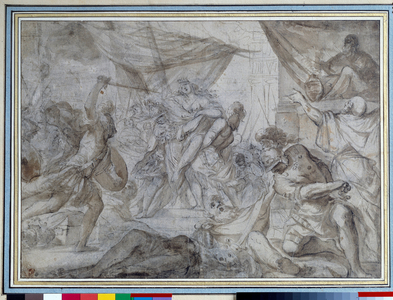 Soldiers abducted a queen and carried her in a ship, 17th century (drawing)