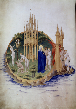 The original sin, Adam and Eve expelled from Paradise in 'The very rich hours of the Duke of Berry' by Pol De Limburg (miniature)