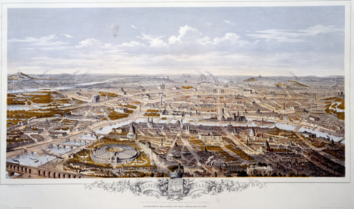 Panoramic view of the city of Paris, taken from the Bois de Boulogne to the Bois de Vincennes, 19th century (engraving)