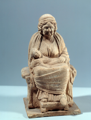 Art of ancient Greece: old woman holding a baby on her knees. Sculpture, 1st century AD (stone)