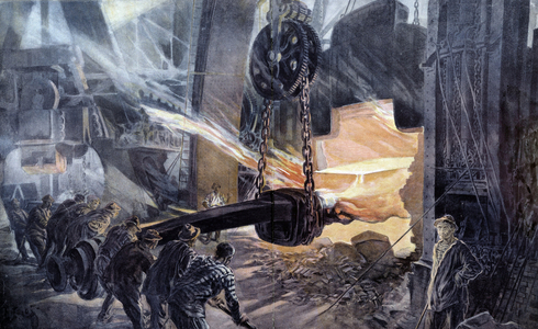 Siderurgy: "Au Creusot la sortie du oven d'un plaque de armage" Prints of 19th century (oil on canvas)