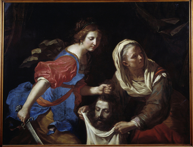 Judith and Holoferne's head. His handmaid Abra holds the bag while Judith lays down the head of the man, 1651 (oil on canvas)