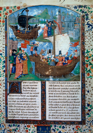 Tristan and Iseult leave Ireland, Tristan drinks the love filter, 15th century (miniature)