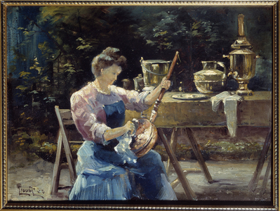 Portrait of Antoinette cleaning the brace. A woman in a garden makes a bed warmer shine with a cloth, 1905 (oil on canvas)