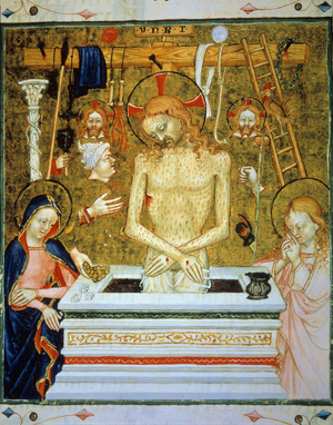 Christ coming out of the tomb between the Virgin and Saint John with the instruments of passion, 1380 (miniature)