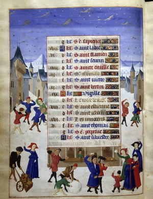 December calendar page: "snowball battle in the city", 1460-1465 (miniature)
