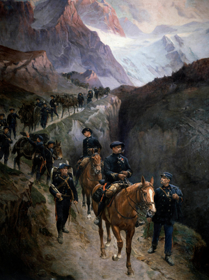 Alpine hunters in the mountains in 1890, 19th century (oil on canvas)