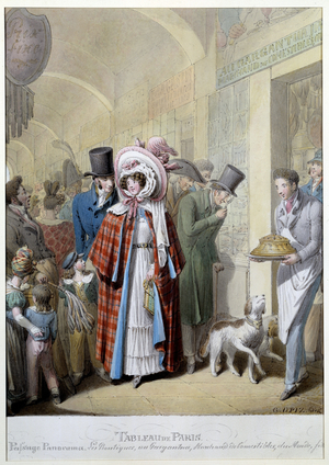 Passage Panorama: 'Au gargantua: merchant de edible du Mondains mercants and misereux in a gallery of the 3rd arrondissement of Paris, 19th century (engraving)
